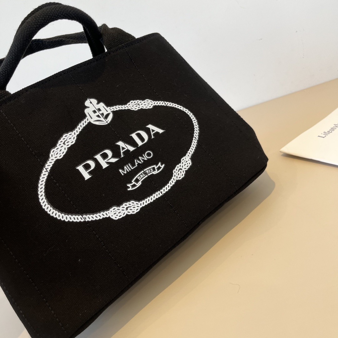 Prada Canapa Screen-Printed Logo Canvas Dual-Handle Tote Handbag - KAIROO