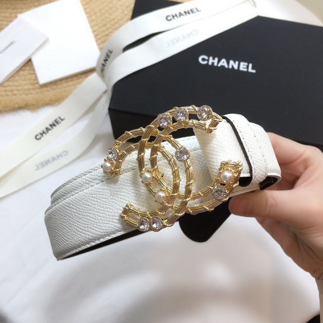 Chanel Belt With Double C Buckle White Gold Chanel Logo Hardware Women Belt 30MM - KAIROO