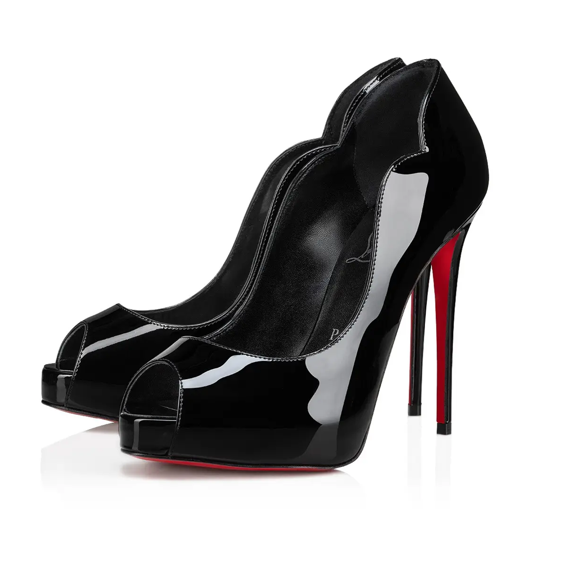 Christian Louboutin Black Patent Peep-toe Scalloped Heels / Louboutin Platform Red Sole Heels - KAIROO