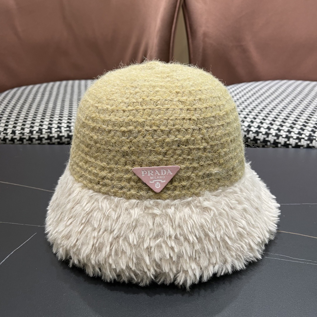 Prada Knitted Furry Brim Winter Bucket Hat/ Olive Green with Beige Furry Brim - KAIROO