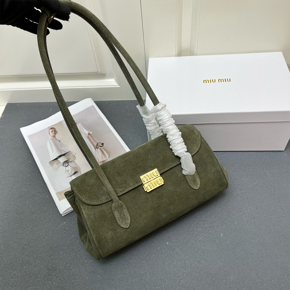 Miu Miu Suede Logo Baguette Flap Lock Underarm Shoulder Bag - KAIROO