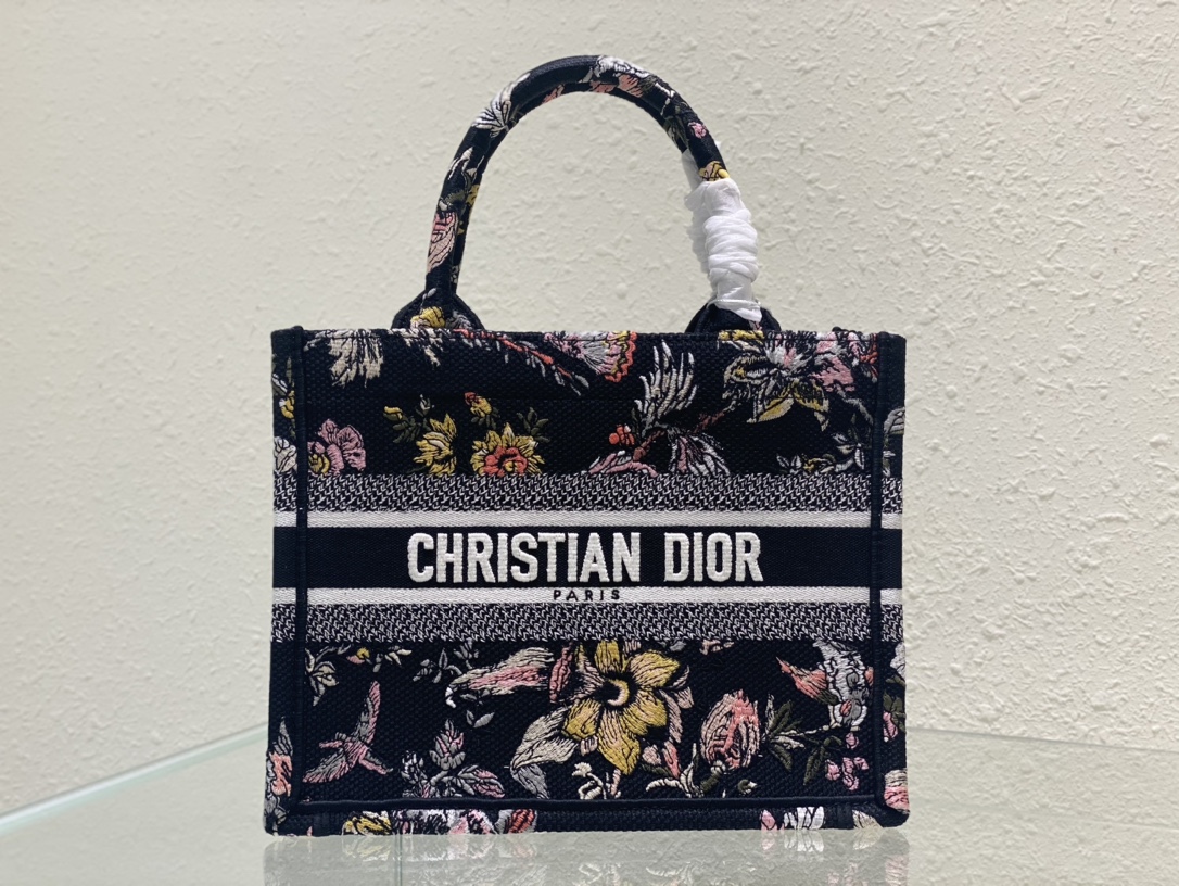 Dior Petites Fleurs Canvas Floral Embroidered Tote Tote Bags/Small-Black-15A - KAIROO