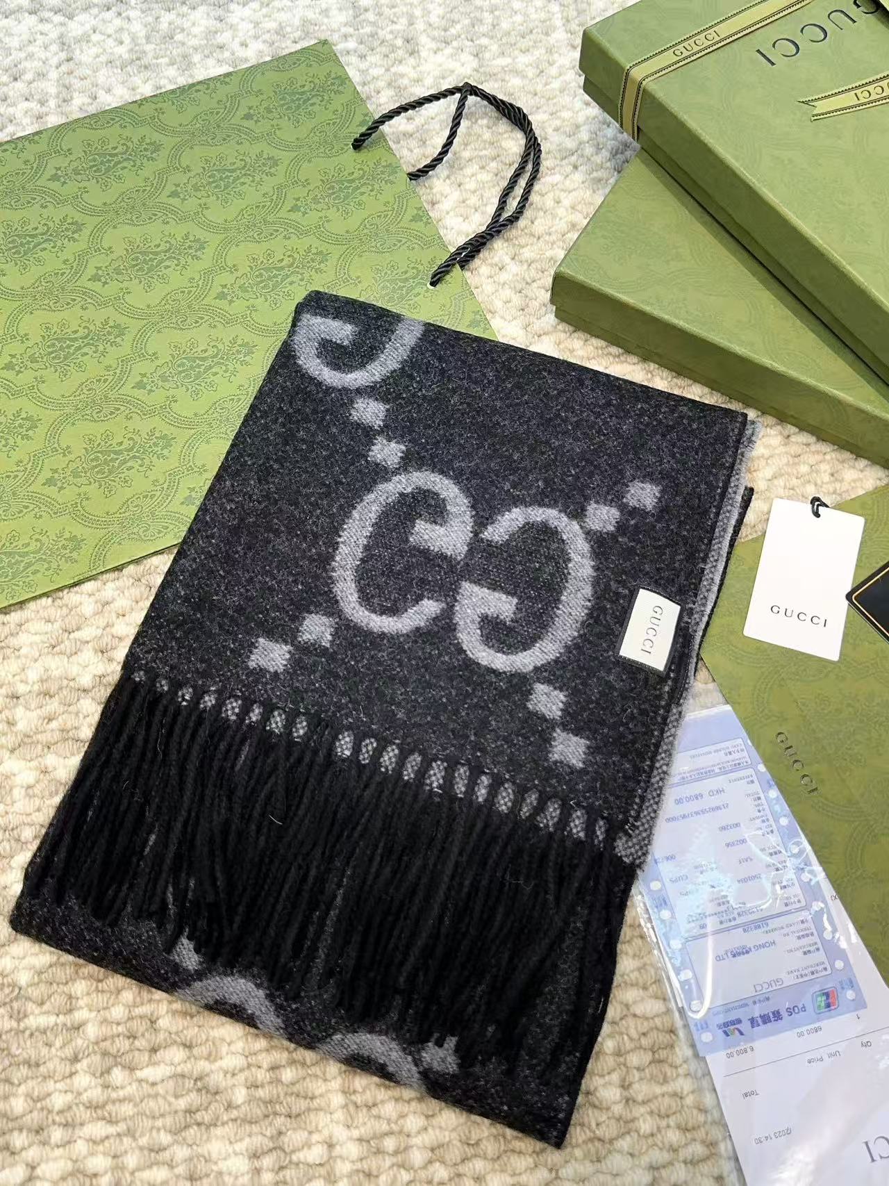 GUCCI Big GG Logo Jacquard Cashmere Scarf with Fringes - KAIROO