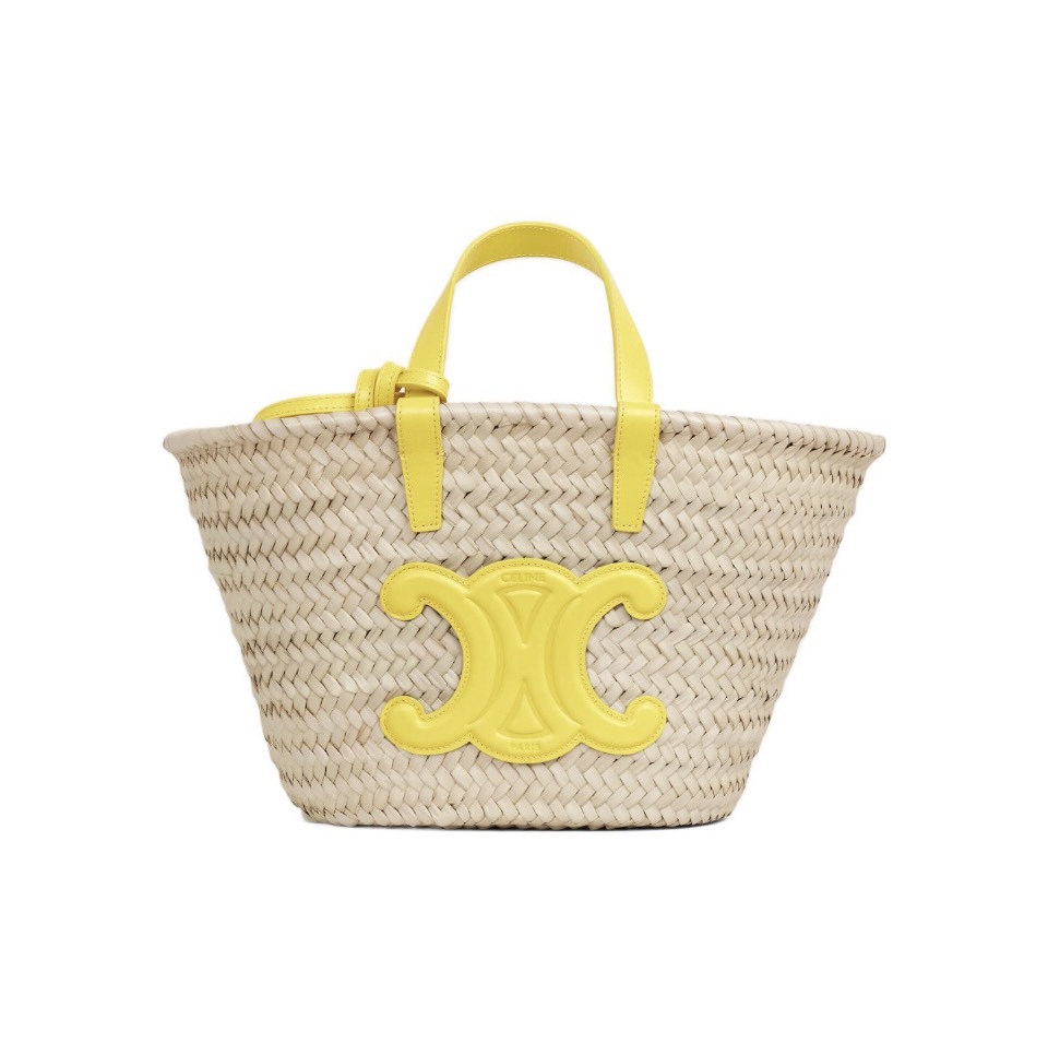 Celine Small Woven Raffia Leather Patch Removable Pouch Basket Tote Straw Bag - KAIROO