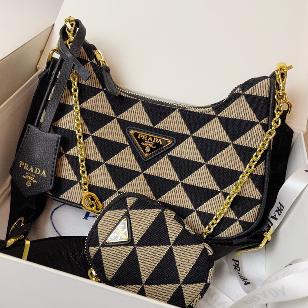 Prada Triangle Logo Embroidered Fabric Multi Pochette Shoulder Bag - KAIROO