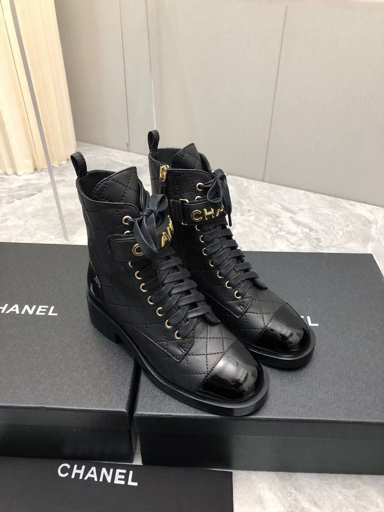Chanel Calfskin & Gold-Tone Metal Combat Boots - KAIROO