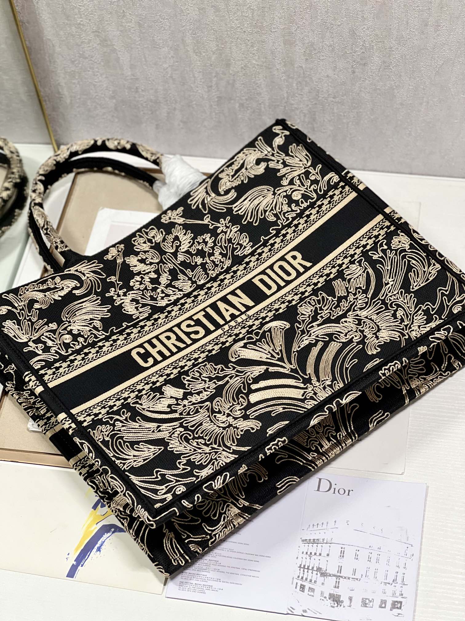 Dior Book Tote Black and White Scroll Work Heavy Embroidery Large Tote/ Top Version - KAIROO
