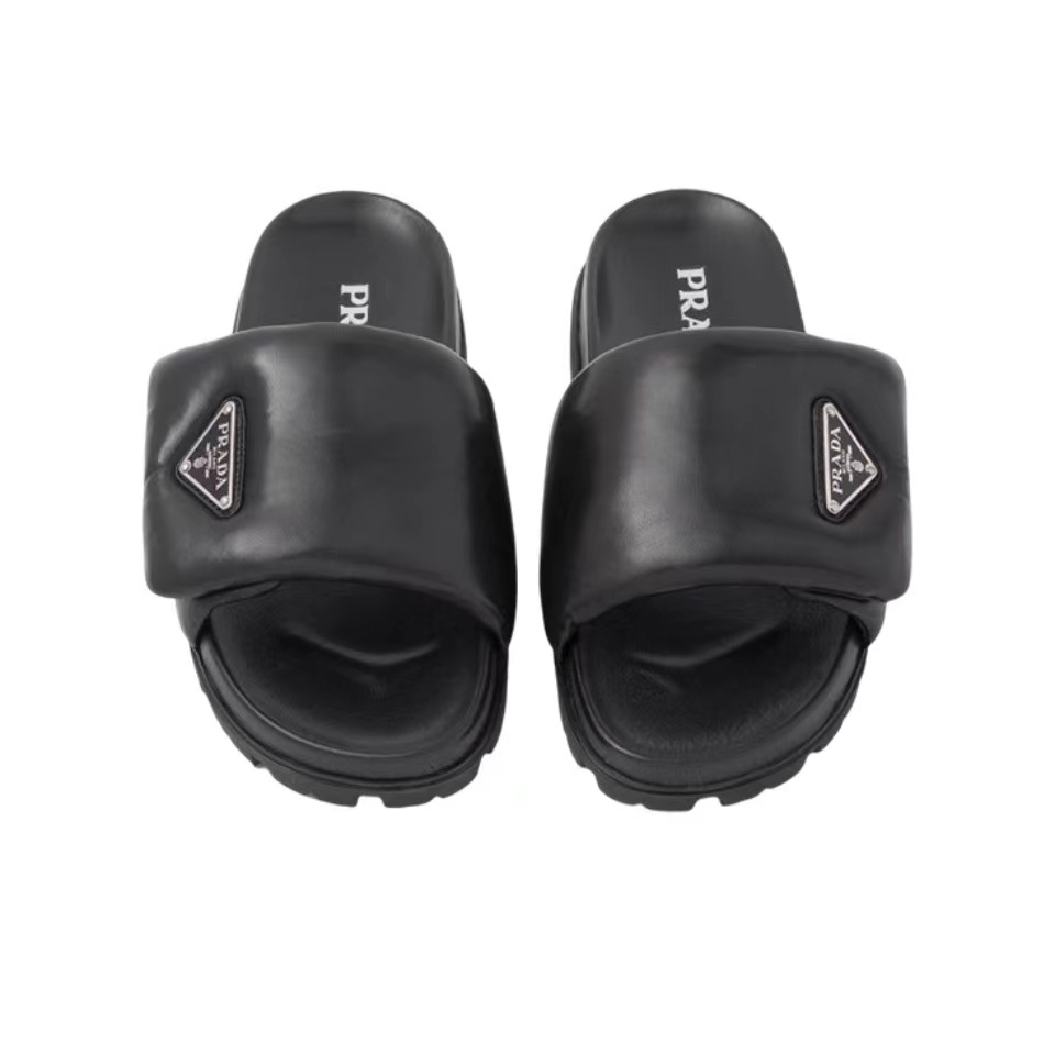 Prada Single-band Tri-logo Padded Leather Lug-sole Slides - KAIROO