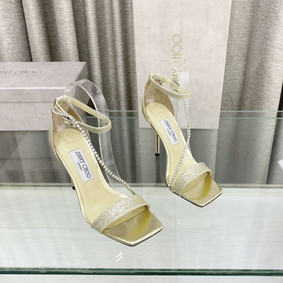 Jimmy Choo Rosie 100 Black Patent Leather Sandals with Crystal Chain - KAIROO