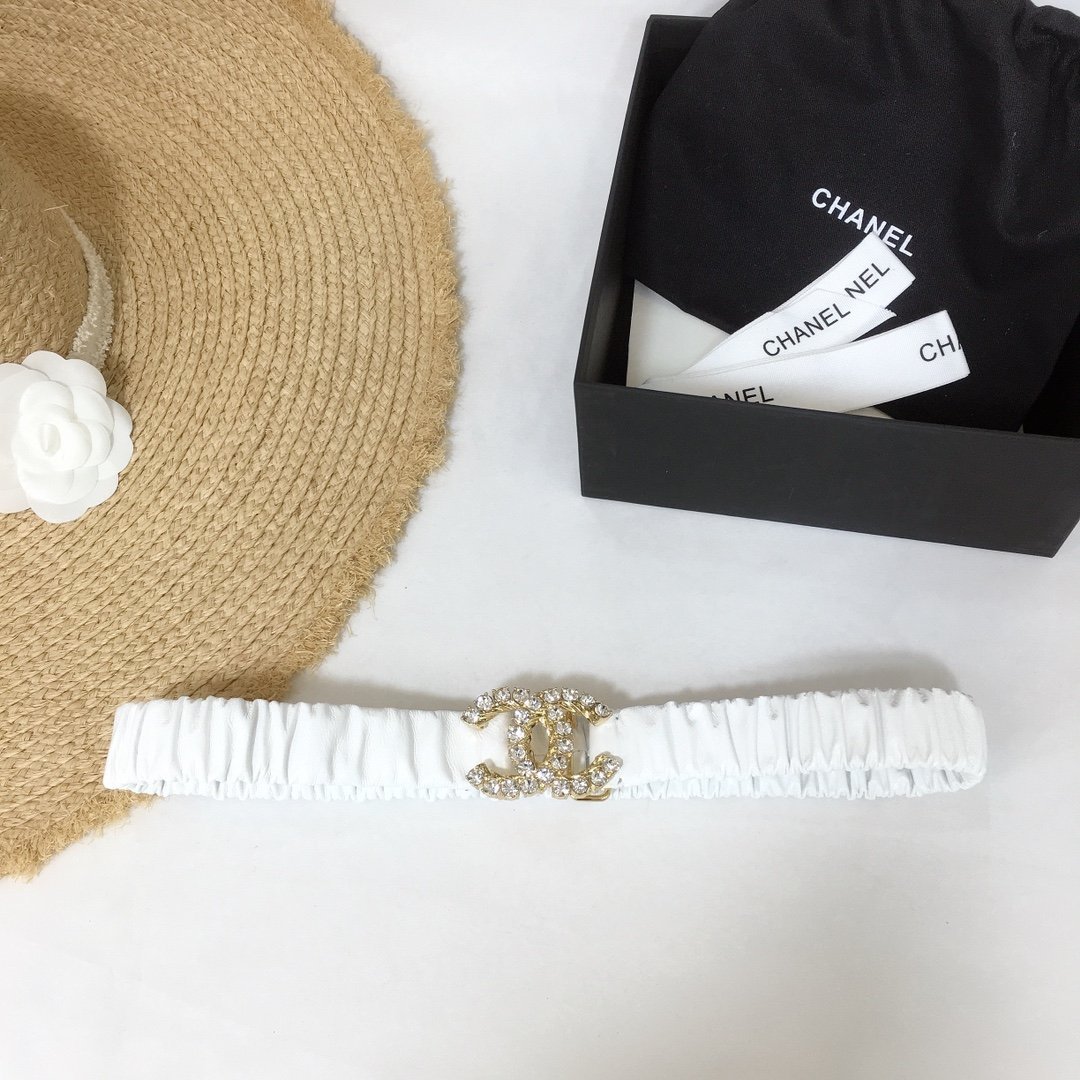 Chanel Belt Velvet White With Double C Buckle Gold-Toned and Strass Hardware Women Belt 30MM - KAIROO