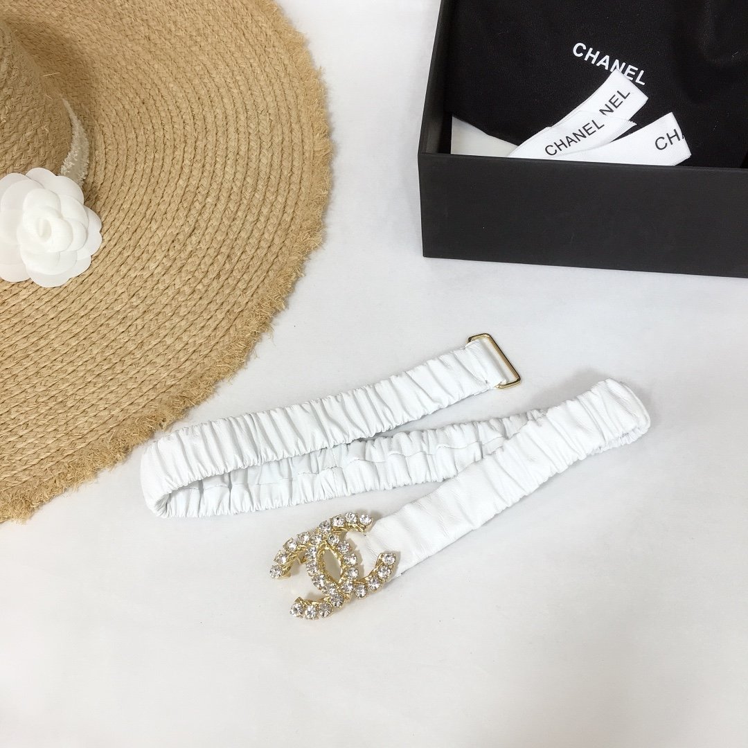 Chanel Belt Velvet White With Double C Buckle Gold-Toned and Strass Hardware Women Belt 30MM - KAIROO