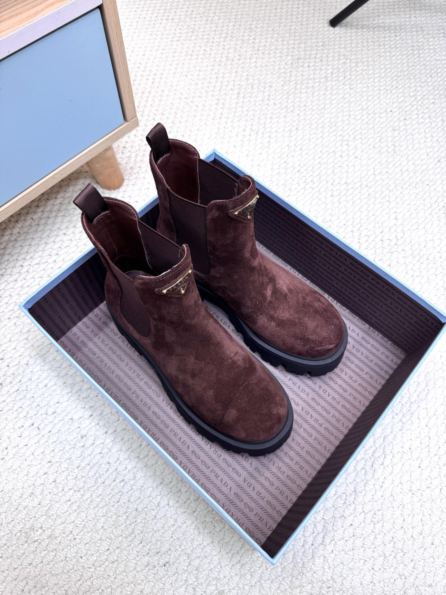 Prada Tri-Logo Chunky Monolith Suede Boots/ Chocolate - KAIROO