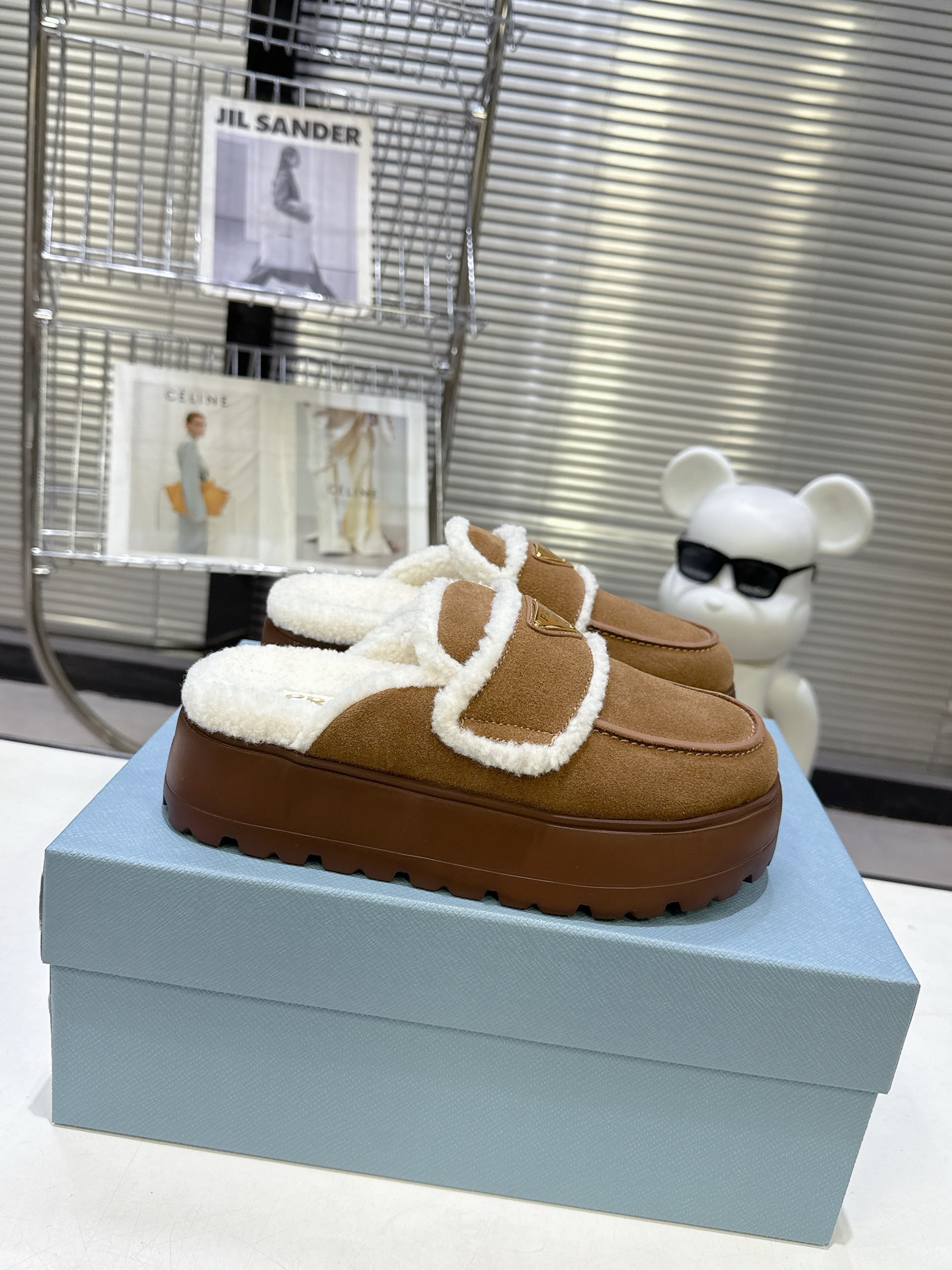 Prada Platform Loafer-style Triangle-logo Suede Shearling-lined Mule Slippers/ Caramel - KAIROO