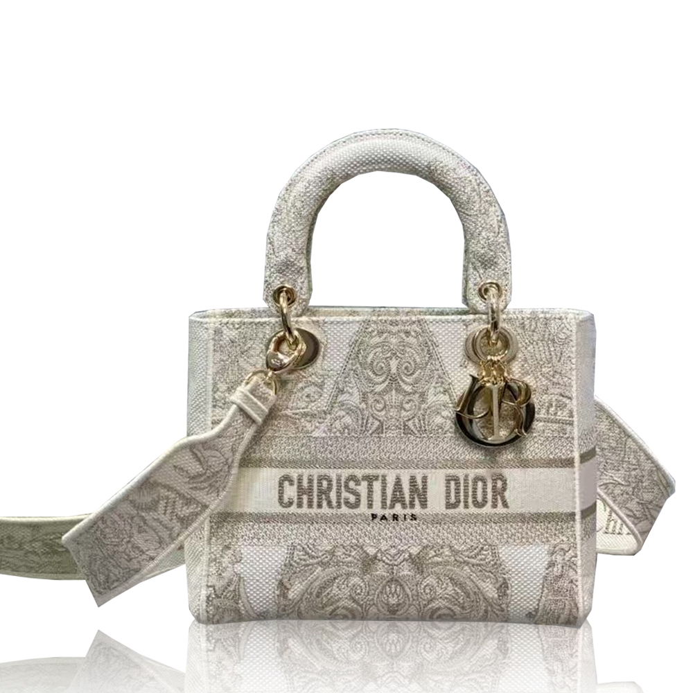 Dior Lady D-Lite Ivory Totem Jacquard Embroidery Dior Handle Crossbody Bag - KAIROO