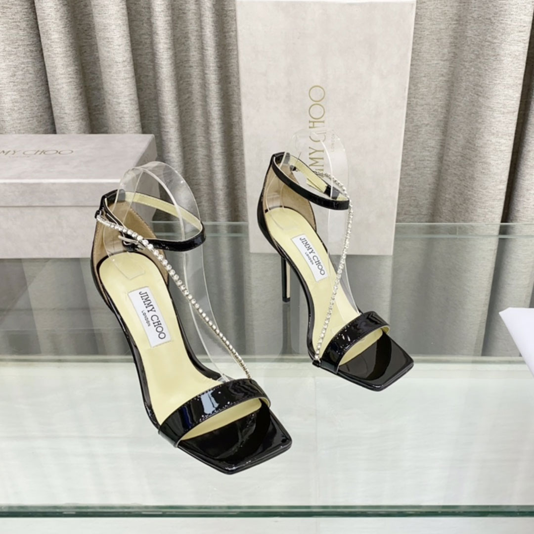 Jimmy Choo Rosie 100 Black Patent Leather Sandals with Crystal Chain - KAIROO