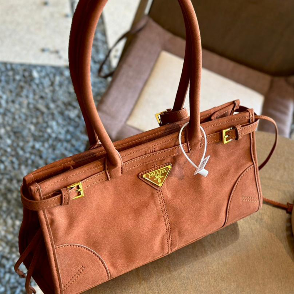 Prada Rectangular Buckle Suede Leather Wide Belt Tote Handbag - KAIROO