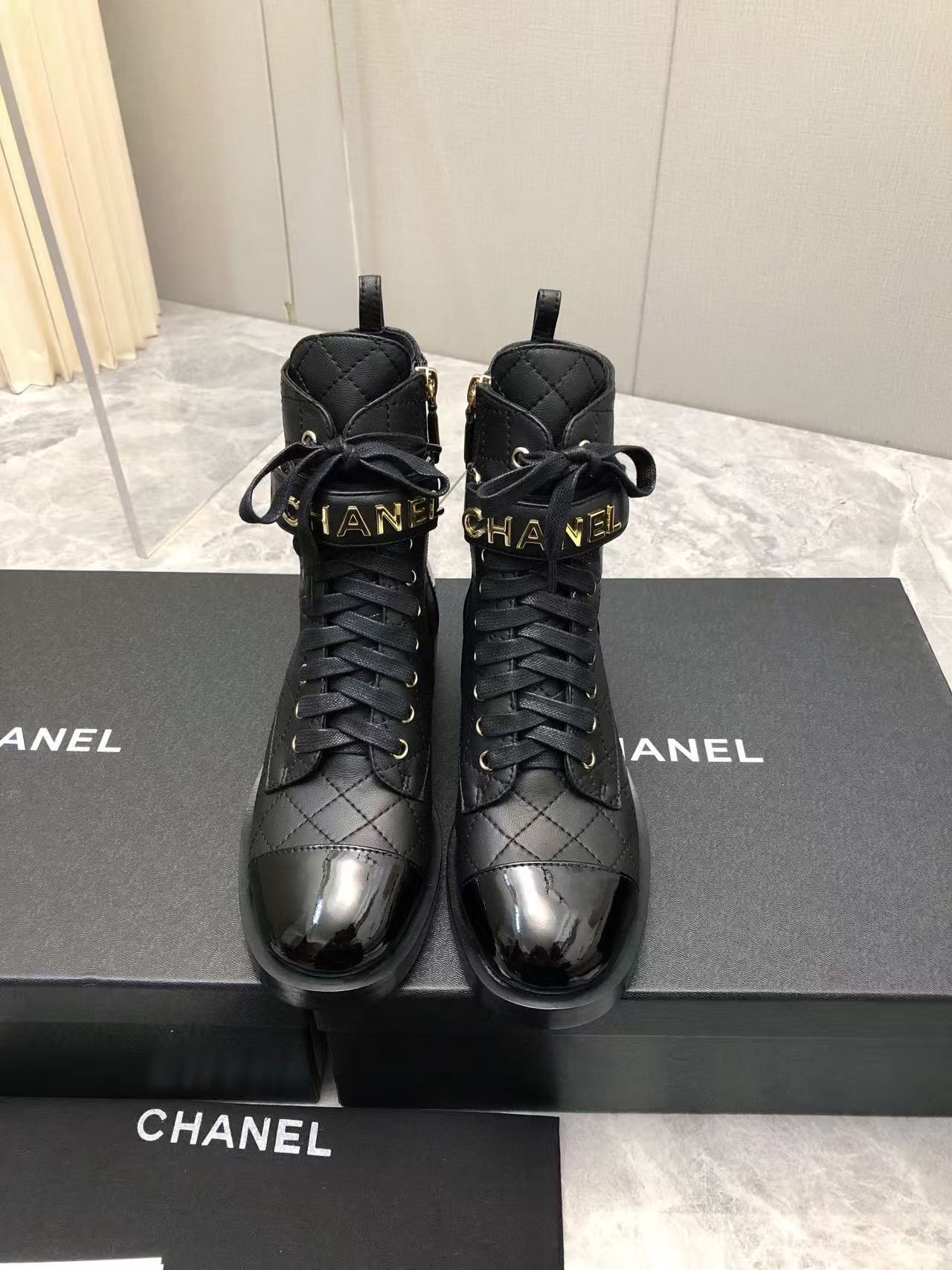 Chanel Calfskin & Gold-Tone Metal Combat Boots - KAIROO