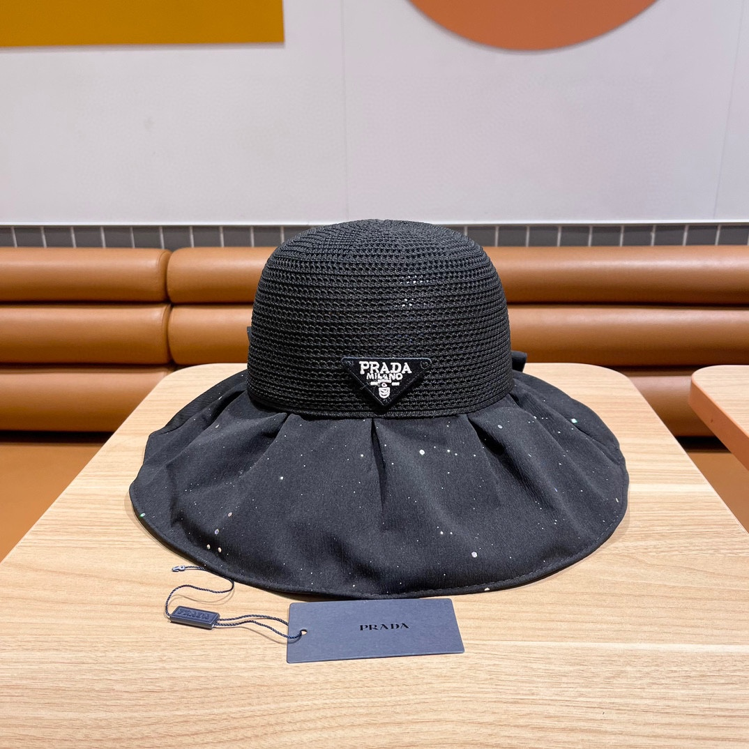Prada Woven Mesh Ruffled Brim Fisherman's Sunhat with Bow - KAIROO