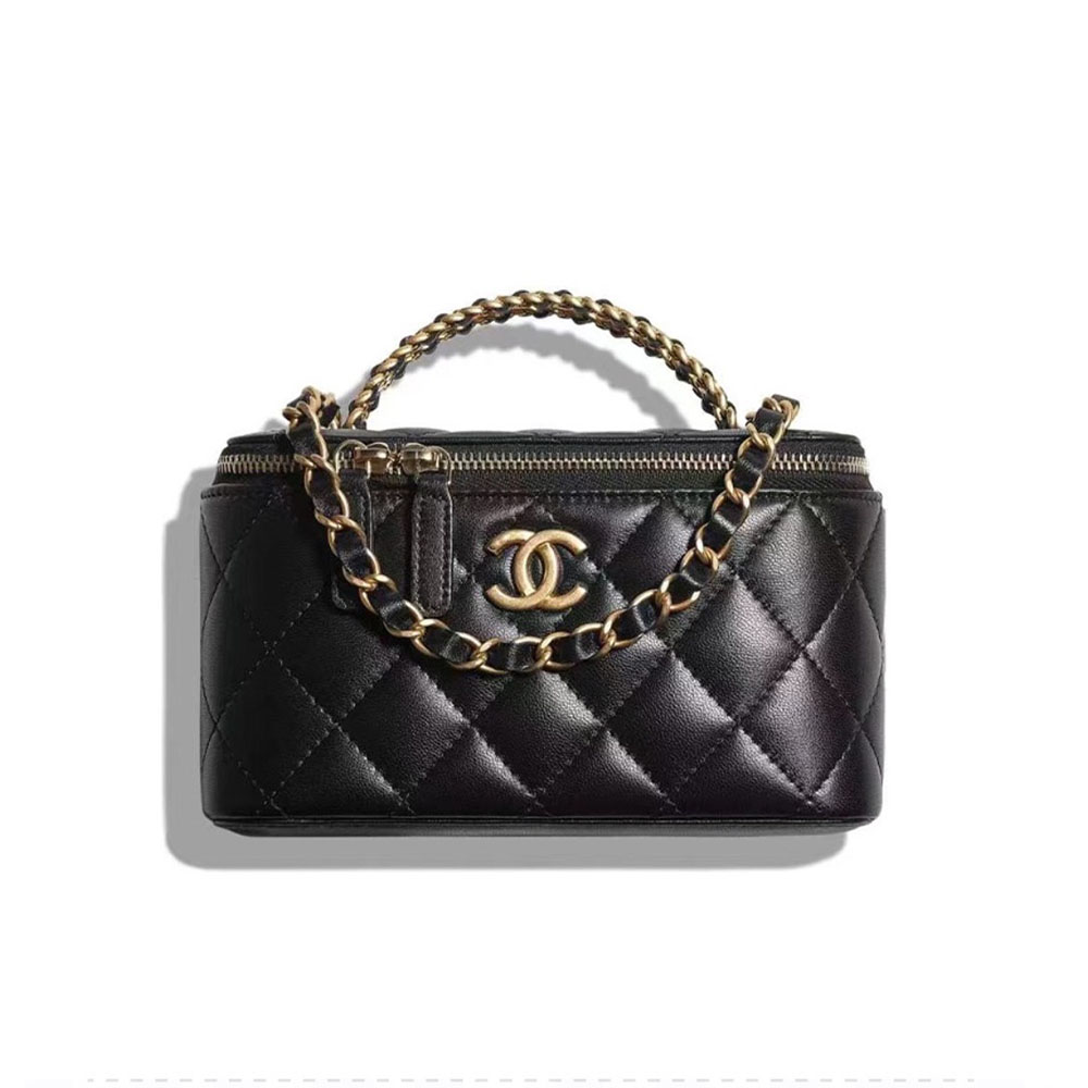 Chanel Quilted Long Vanity Case with Gold-Tone Lettering Chain Top Handle - KAIROO
