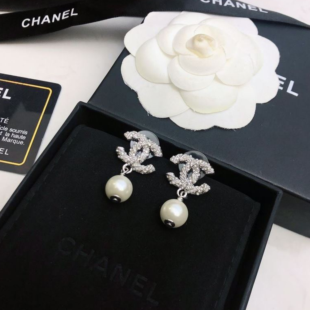Chanel CC Logo Crystal & Pearl Drop Earrings - KAIROO