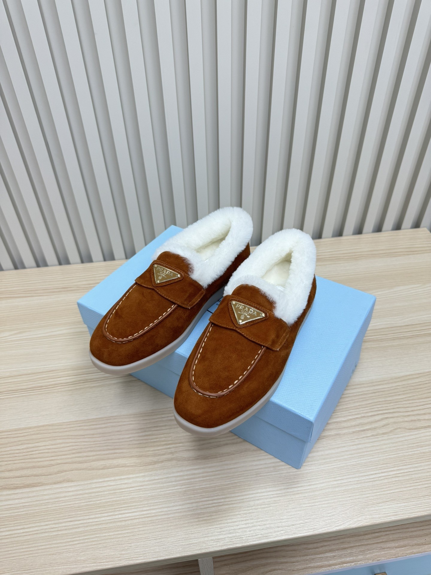 Prada Suede Shearling-Lined Triangle Logo Apron-toe Loafers/ Brown - KAIROO