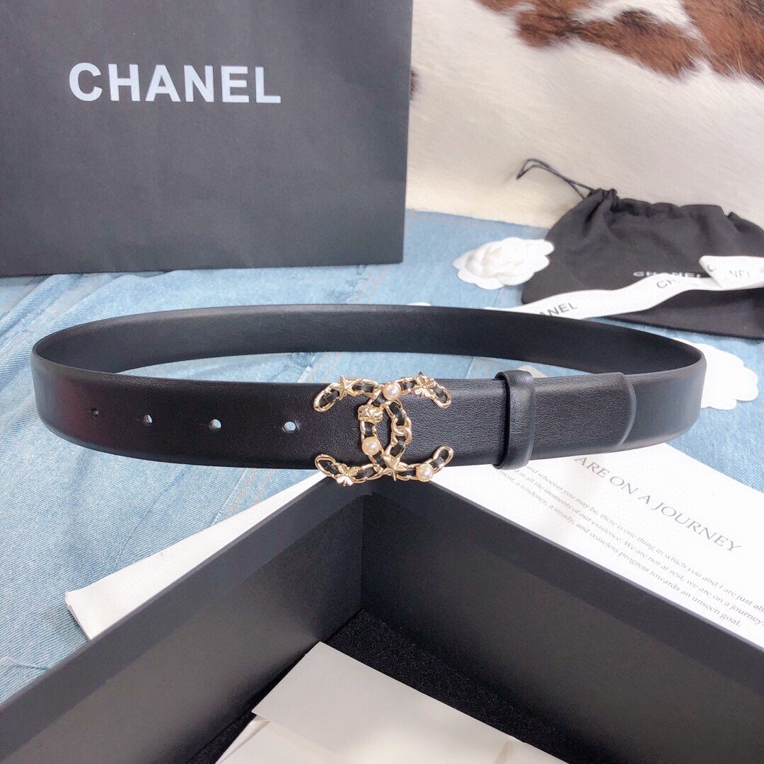Chanel Belt With Double C Buckle Black Gold Toned Hardware Women Belt 30MM - KAIROO