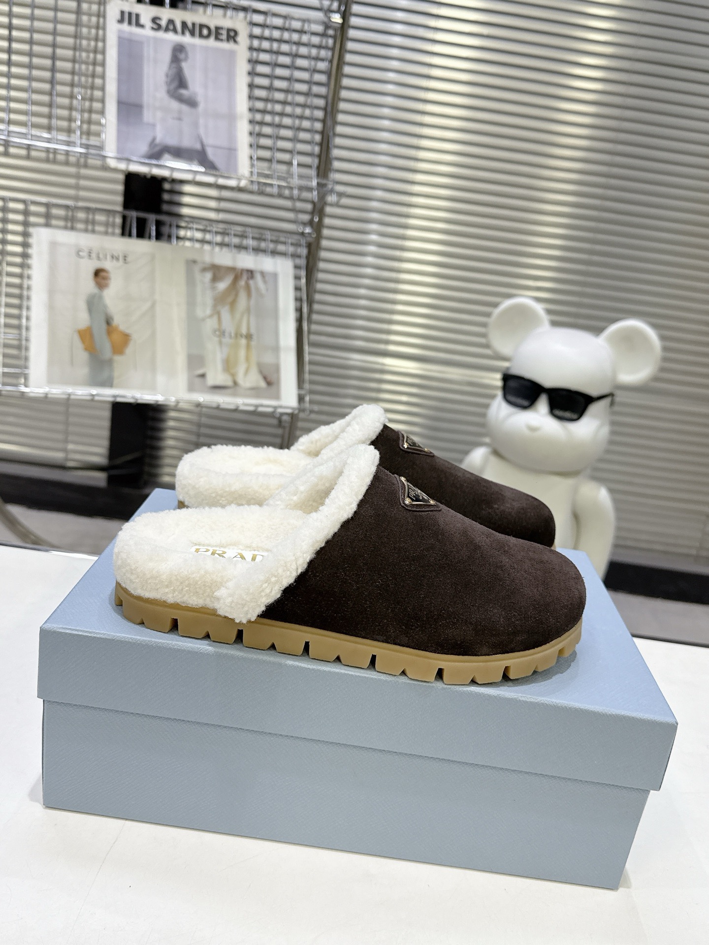 Prada Triangle Logo Suede Shearling Round Toe Mules/ Bruciato - KAIROO