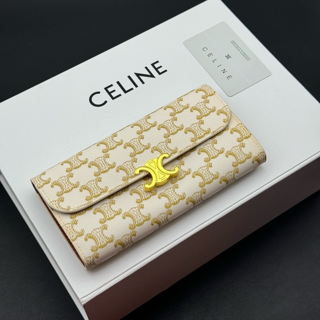 CELINE Large Triomphe Wallet with Metal Snap Closure in Shiny Calfskin - KAIROO