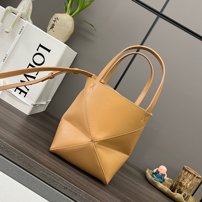 Loewe Dark Khaki Mini Puzzle Geometric Fold Smooth Leather Tote Handle Shoulder Bag - KAIROO
