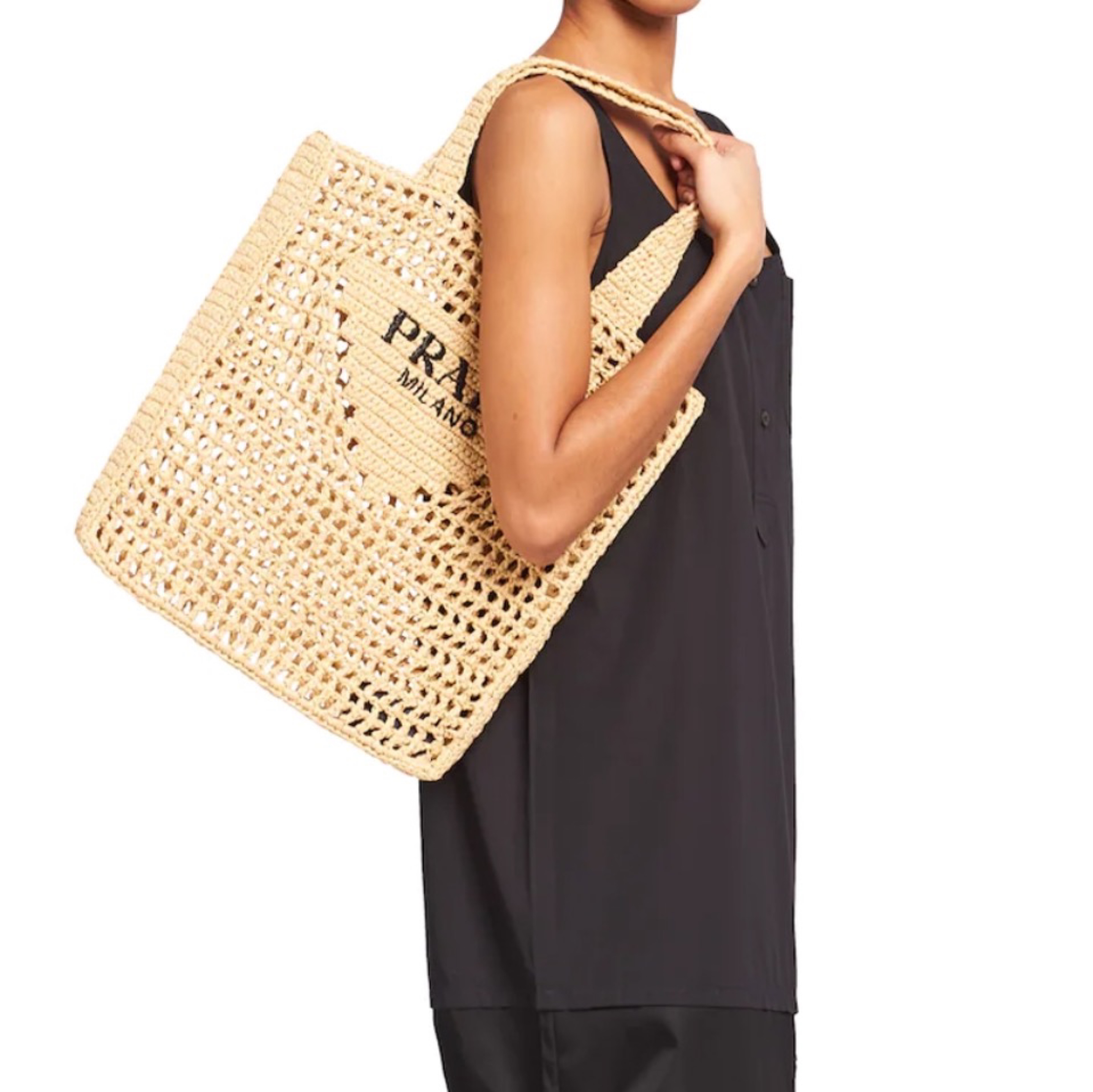 Prada Logo Raffia Crochet Large Rectangular Tote Shoulder Bag - KAIROO