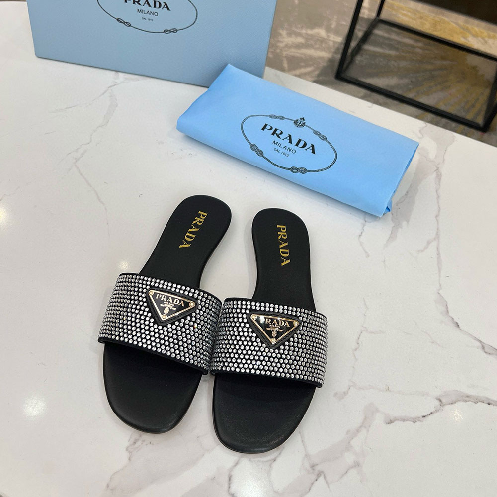 Prada Single-band Crystal-studded Satin tri-logo Flat Sandals - KAIROO