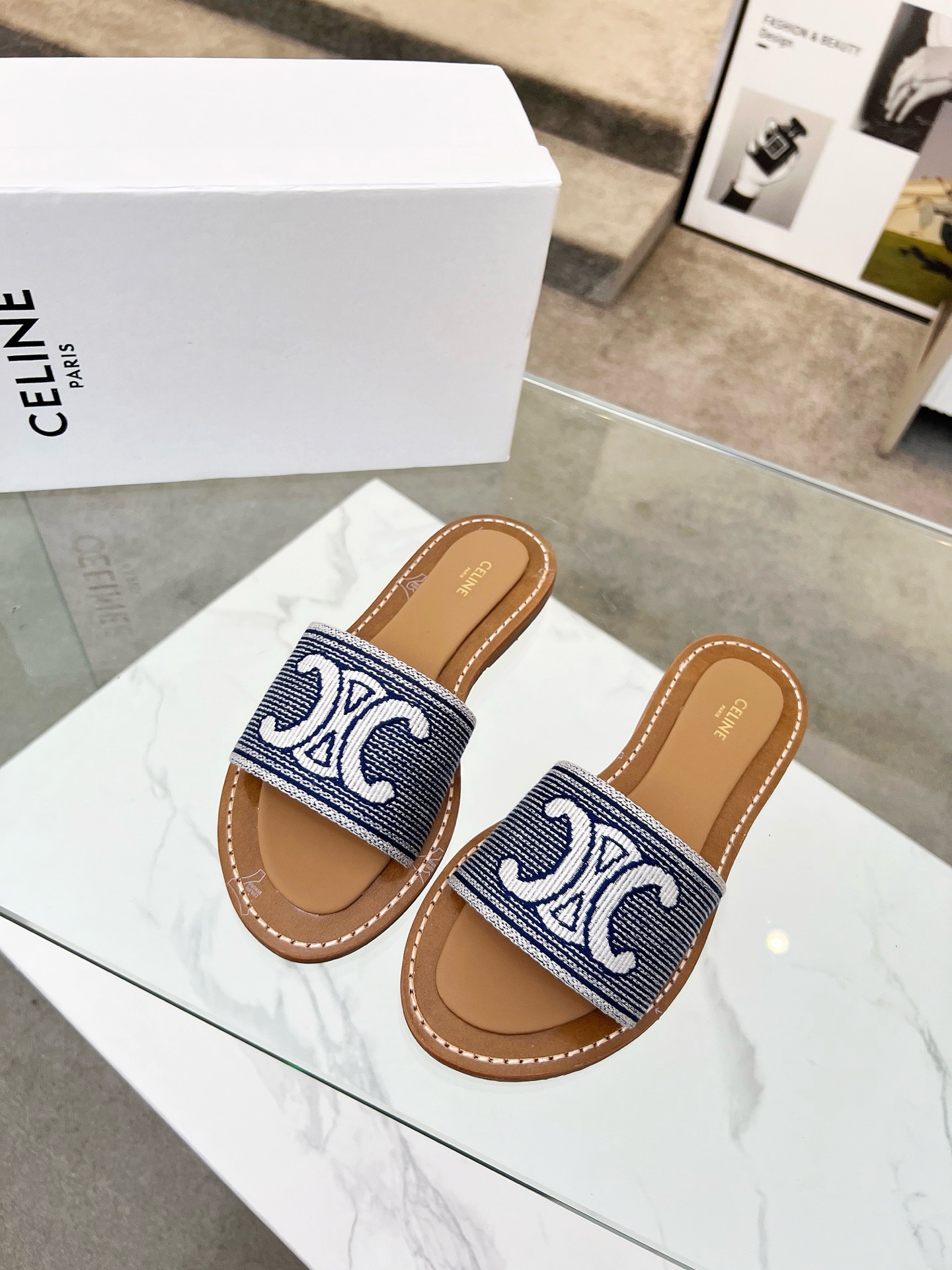 Celine Triomphe Logo Embroidered Woven Textile Flat Slides - KAIROO
