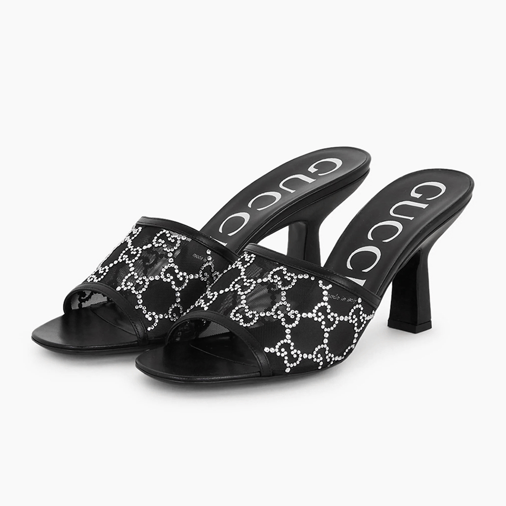 GUCCI Crystal Monogram Mesh High GG Mesh Peep-Toe Heel Slides - KAIROO