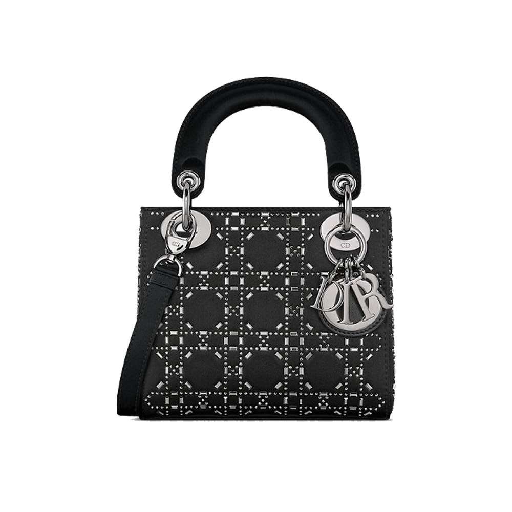 Dior Lady Dior Crystal Cannage Quilted  Charm Pendant Top Handle Bag / Black - KAIROO