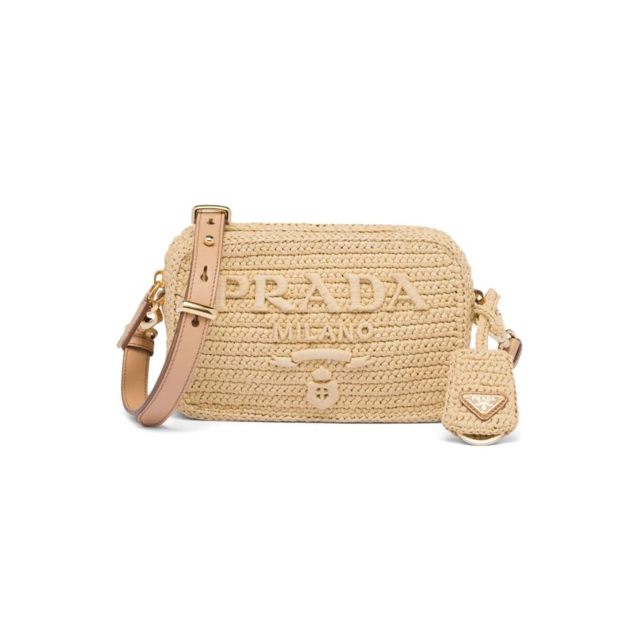Prada Crochet Raffia Logo Embroidered Rectangular Camera Shoulder Bag - KAIROO