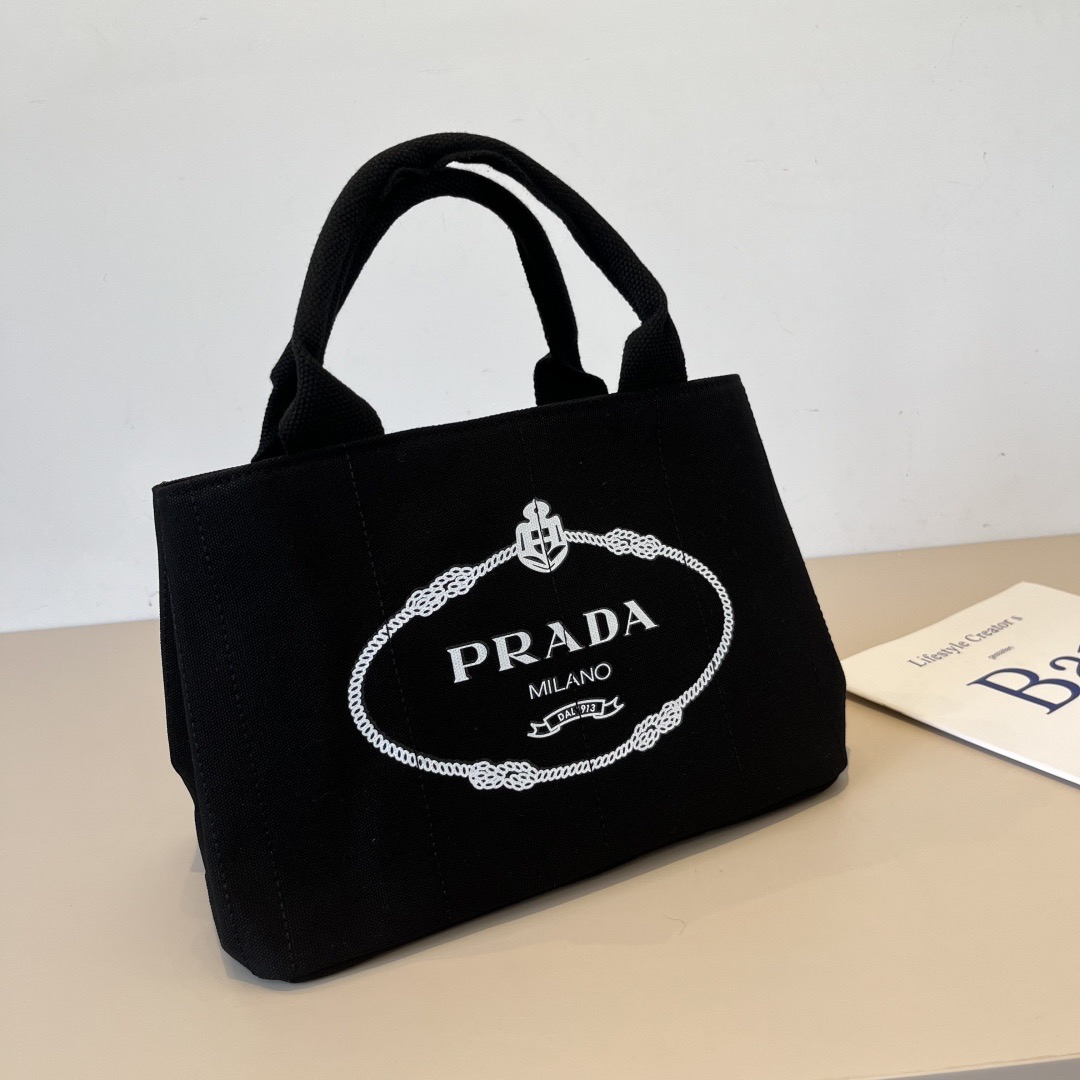Prada Canapa Screen-Printed Logo Canvas Dual-Handle Tote Handbag - KAIROO