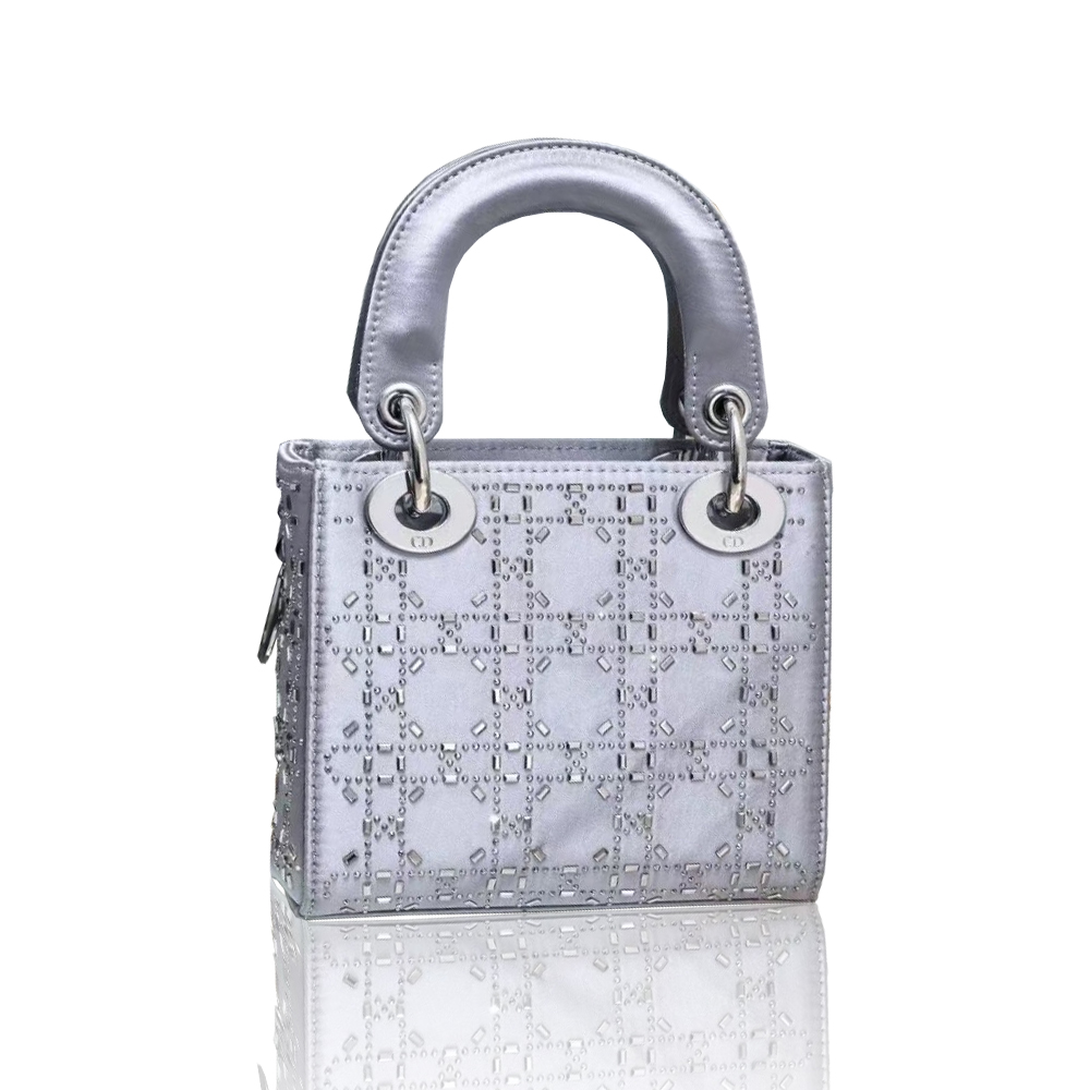 Dior Lady Dior Crystal Cannage Quilted  Charm Pendant Top Handle Bag /  Silver - KAIROO