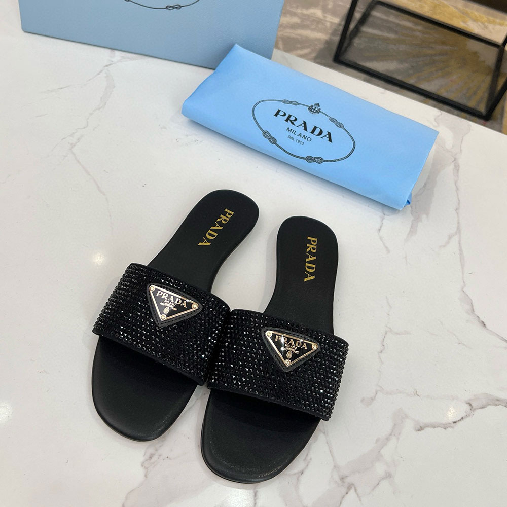 Prada Single-band Crystal-studded Satin tri-logo Flat Sandals - KAIROO