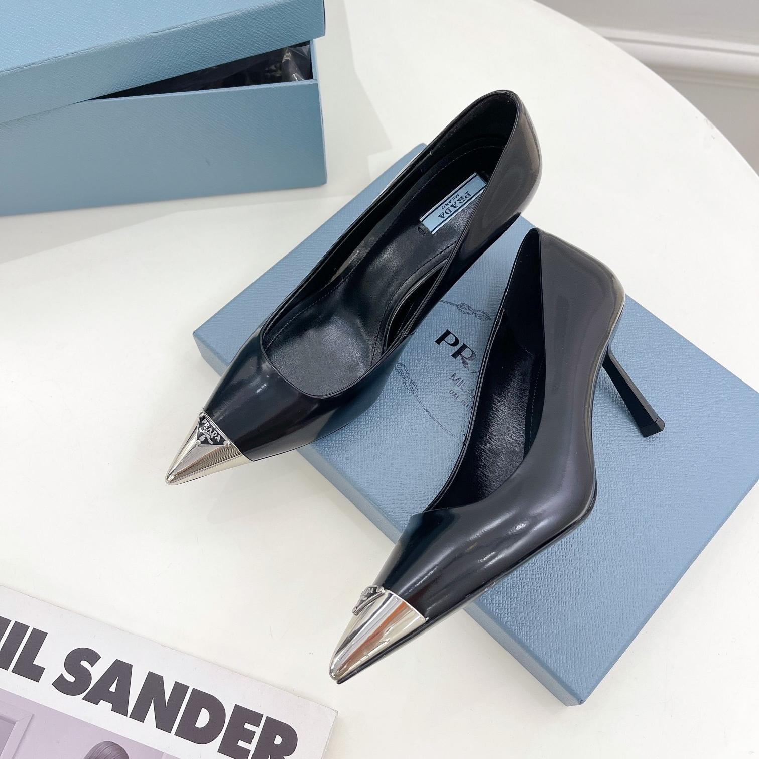 Prada 6.5CM Pointed-toe Metal-capped Stiletto Heel Leather Pumps - KAIROO