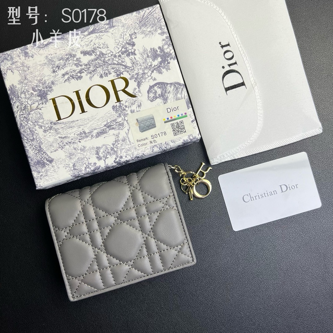 Dior Lady Dior Lambskin Cannage  Gold D Charm Bifold Wallet - KAIROO