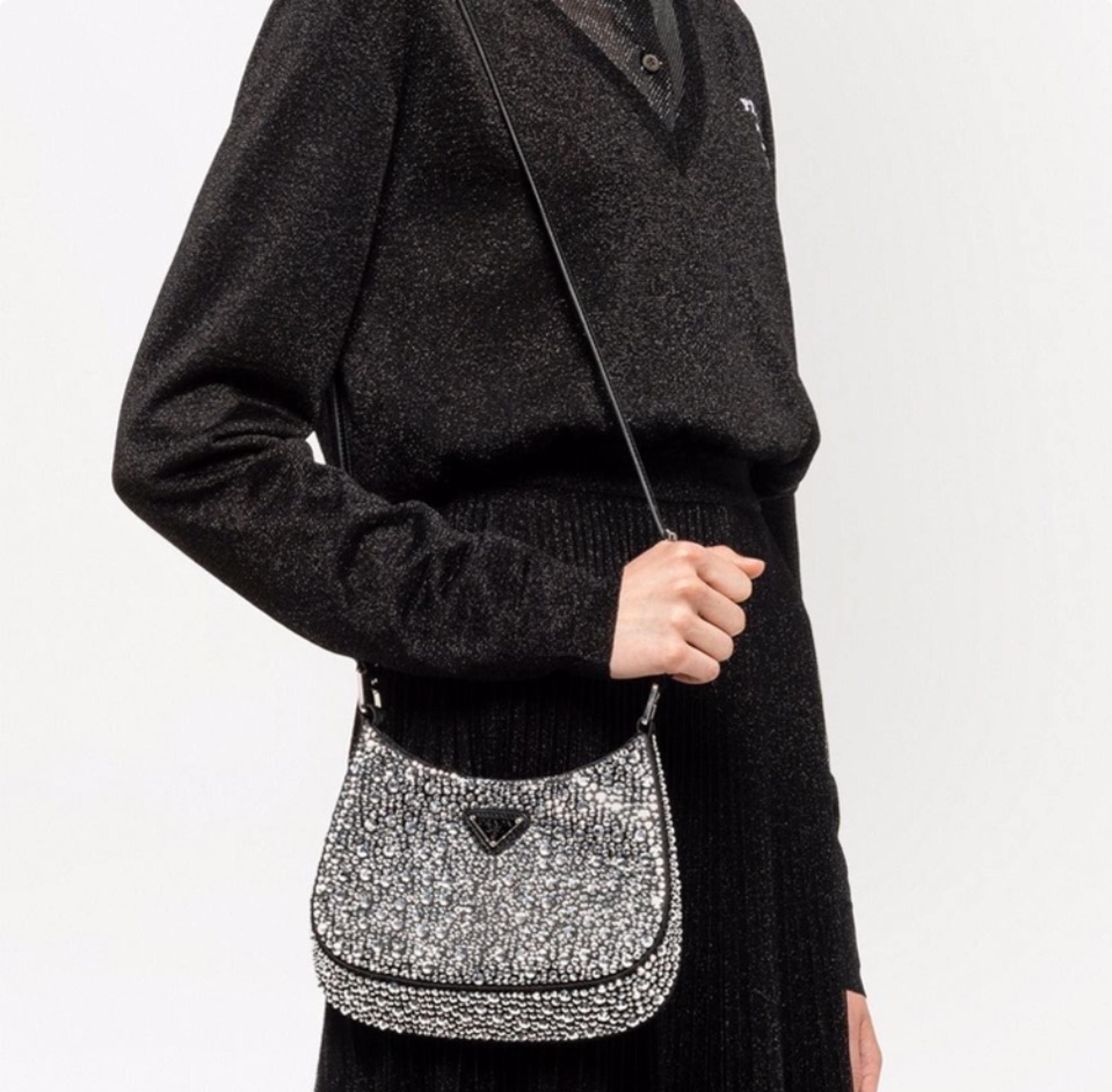 Prada Triangle Logo All Over Crystal Satin Curved Hobo Shoulder Bag - KAIROO