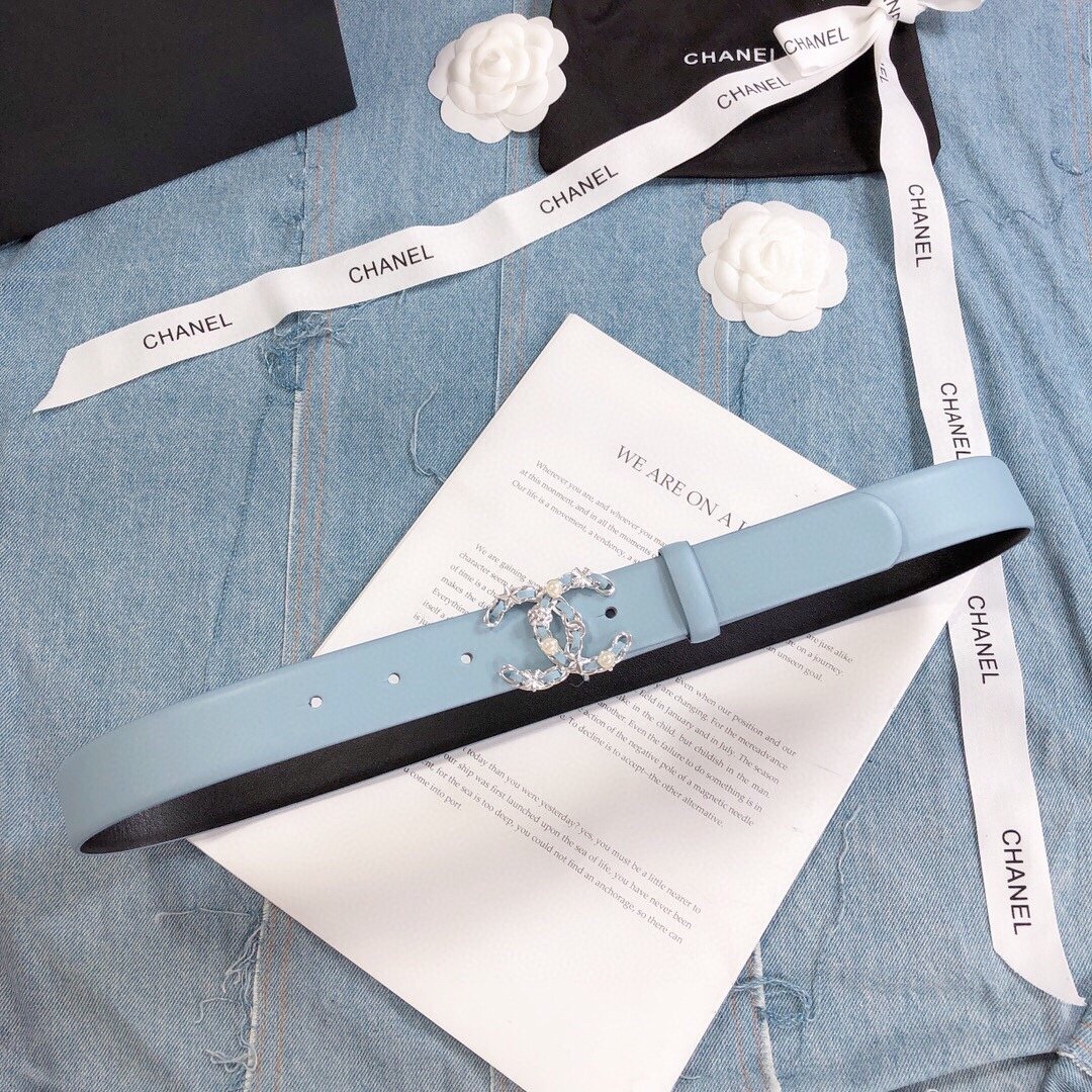 Chanel Belt With Double C Buckle Light Blue Silver Toned Hardware Women Belt 30MM - KAIROO