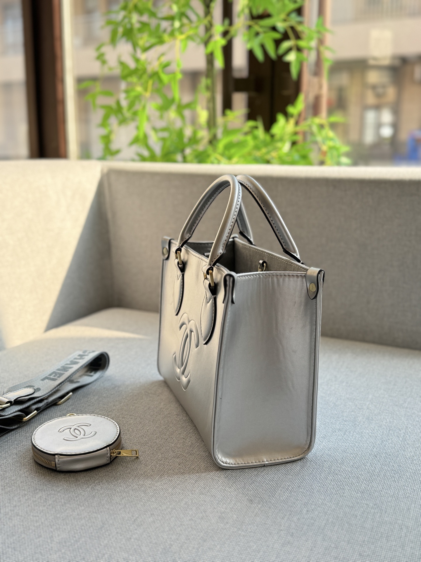 Chanel  Silver 3D Double C Embossed Handle Shopping Crossbody Tote Bag (with Coin Purse) - KAIROO