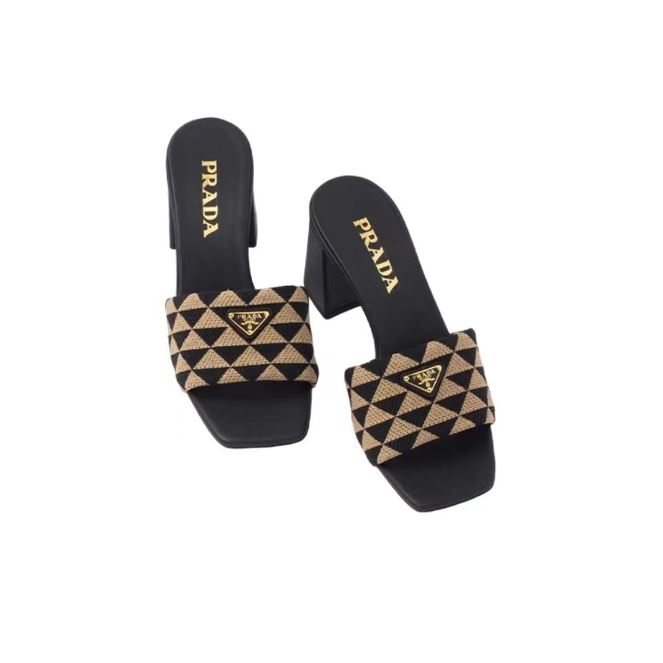 Prada Symbole Jacquard Geometric Print Fabric Slip-on Mule Chunky Heel Sandals - KAIROO