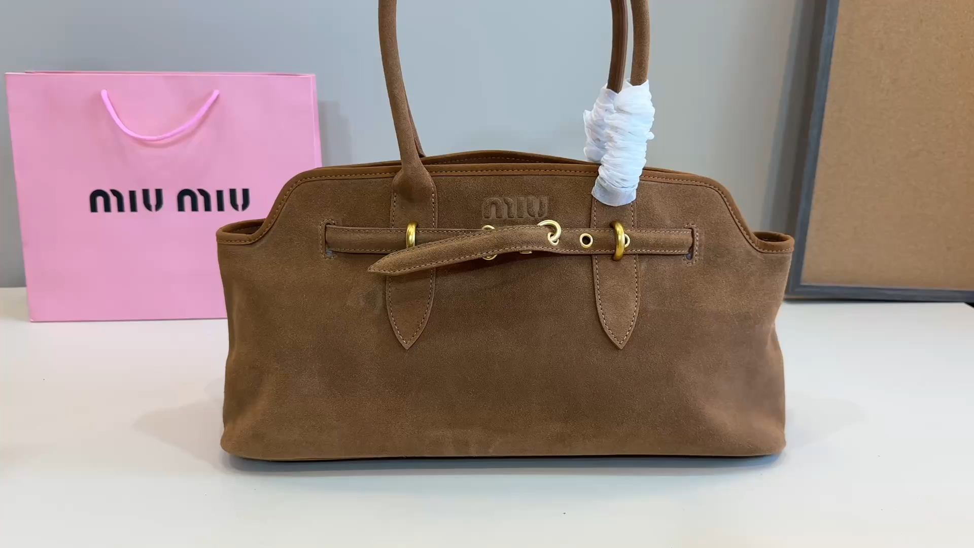 Miu Miu Brown Suede Drawstring Lock Hobo Tote Bag - KAIROO