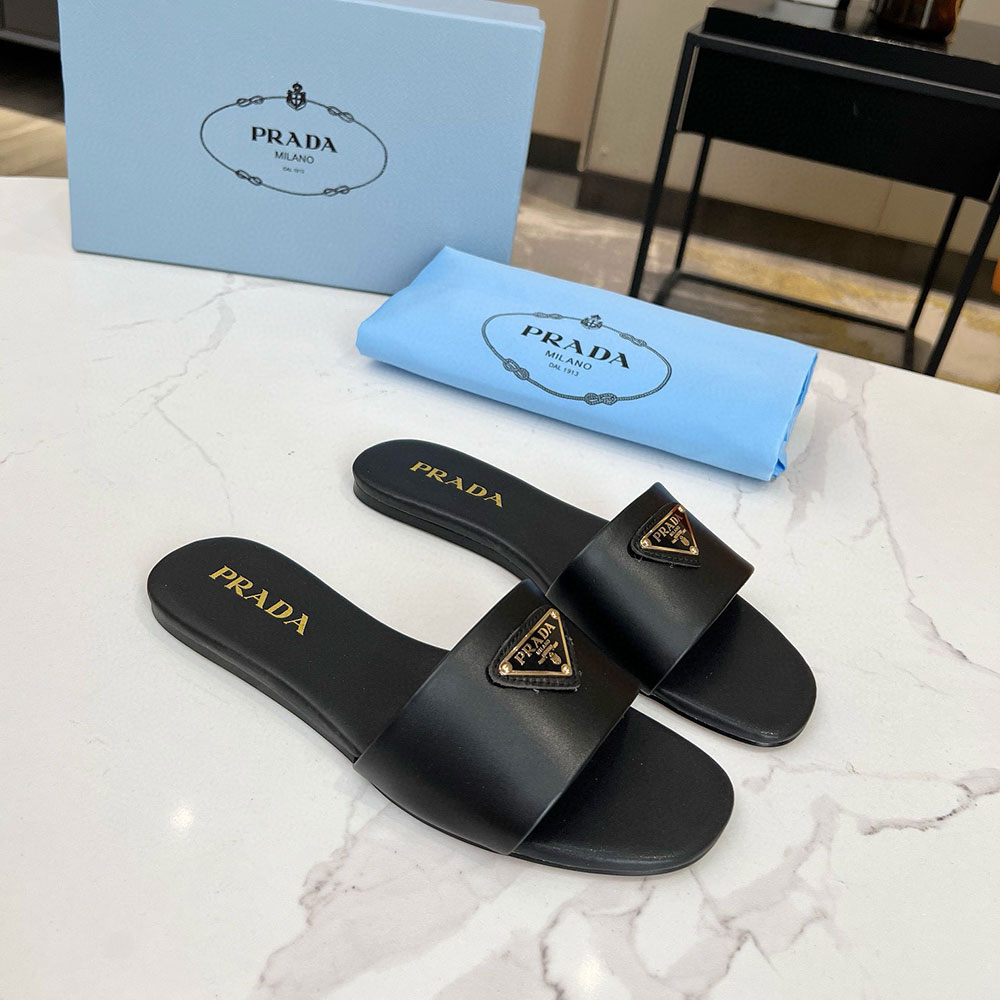 Prada Triangle Logo Leather Flat Slippers Sandals - KAIROO