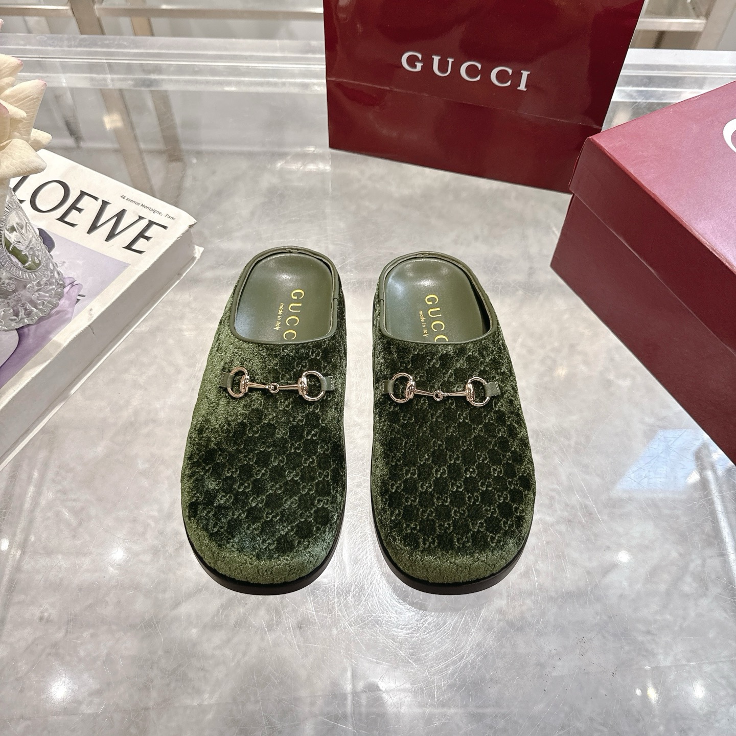 GUCCI Horsebit GG Monogram Velvet-Finish Slipper Mules/ Green - KAIROO