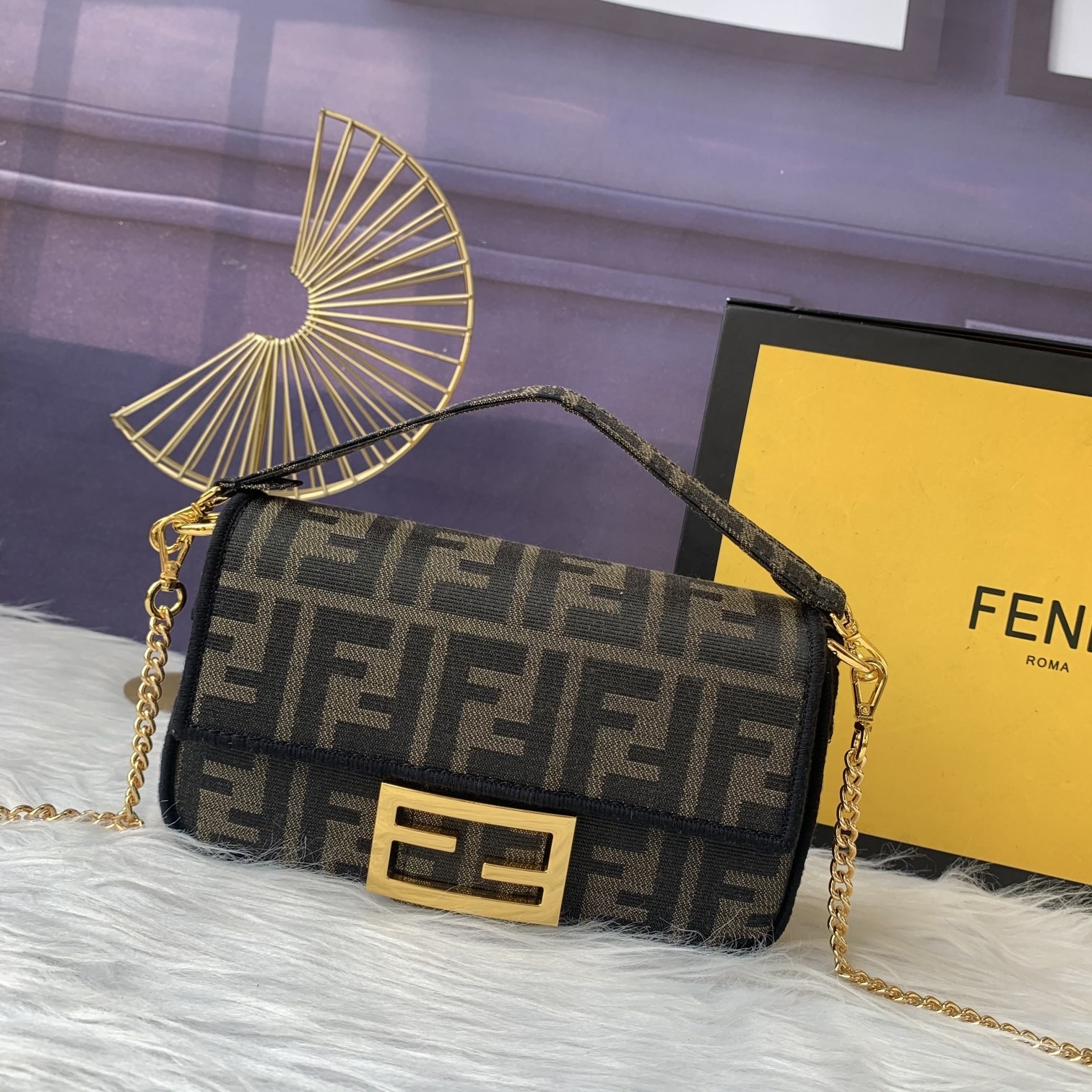 Fendi FF Monogram Mini Canvas Baguette Chain Bag - KAIROO