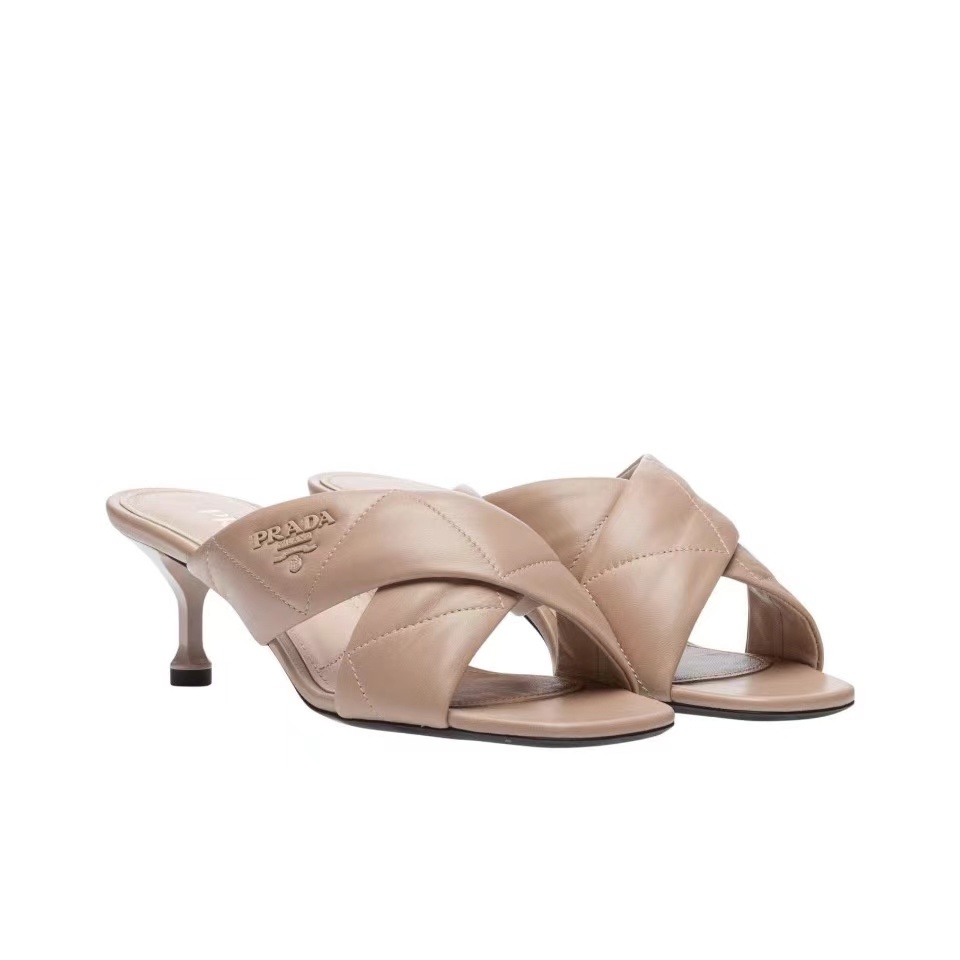 Prada Padded Nappa Quilted Criss-cross Kitten Heels Embossed Slide Sandals - KAIROO
