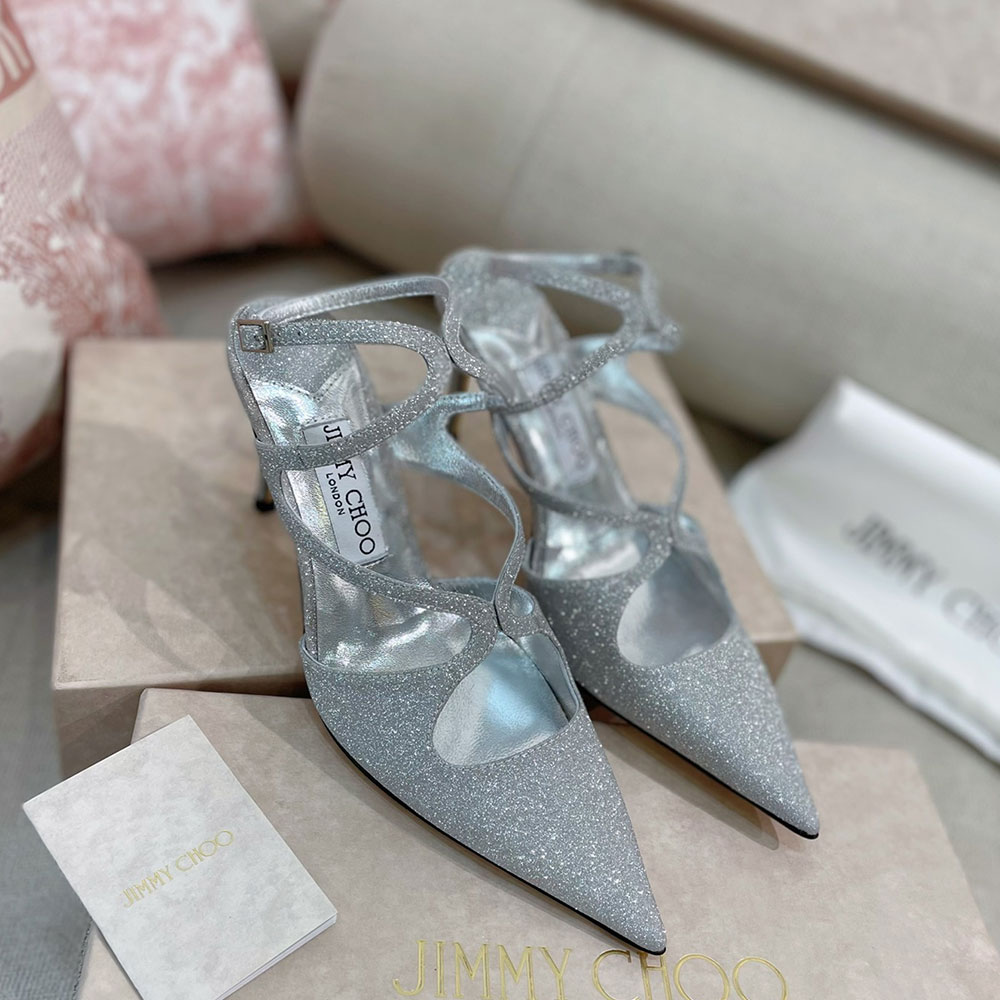 Jimmy Choo Lancer 85 Silver Coarse Glitter Pointed-Toe Pumps - KAIROO